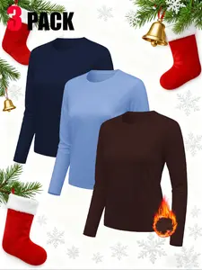 Women's Sporty Round Neck Long Sleeve T-Shirt Set, Soft Comfortable Moisture-Wicking Casual Home Wear, Plain Fitted Design, All Seasons, Athletic Workout Clothing