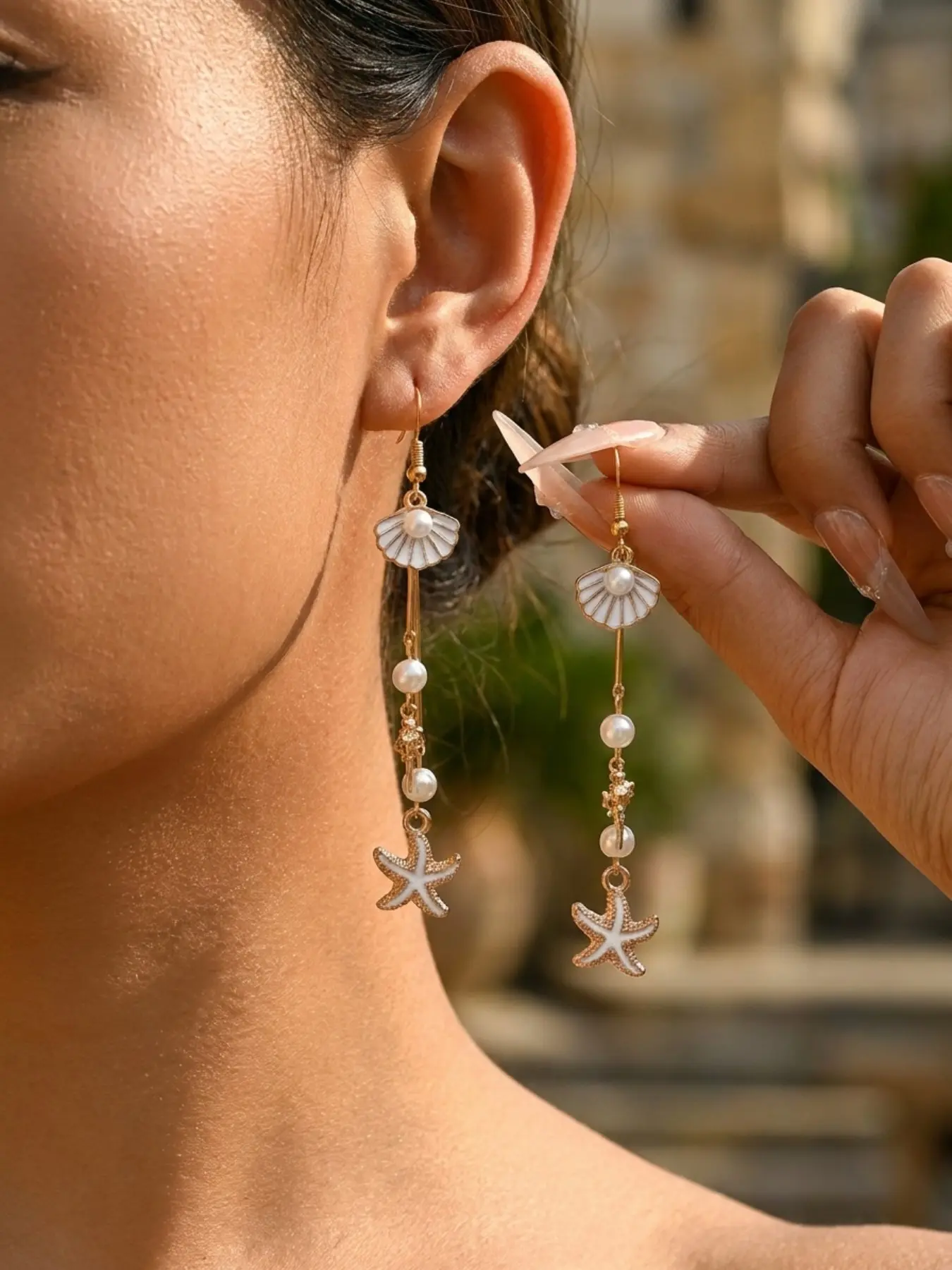 French Oceanic Shell Starfish Earrings, Imitation Pearl Long Fringe Dangle Earrings, Beach Vacation Jewelry for Women, Beachy Earrings