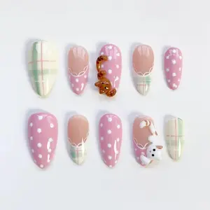 3D Kawaii Cute cat nails/Pink polka dots nails press on nails long almond nails/Green Plaid Nails/French nails/Custom nails/Birthday nails