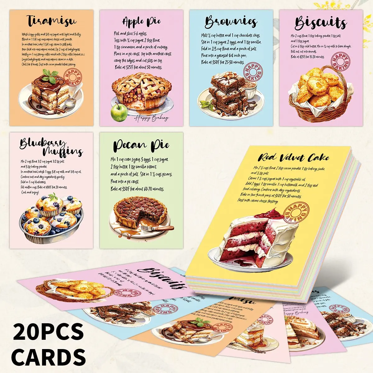 20 Classic Baking Recipe Cards, Step-By-Step Guide, Beginner Friendly, Kitchen Wall Decor, Perfect Gift for Baking Enthusiasts