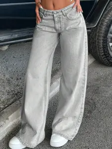 Women's Grey Mid Waisted Stretchy Flare Wide Leg Jeans - Slim Fit, 5-Pocket, Comfort Flex Waistband, Hipster Streetwear, Durable Stretch-Cotton Denim, Trendy Bootcut Style