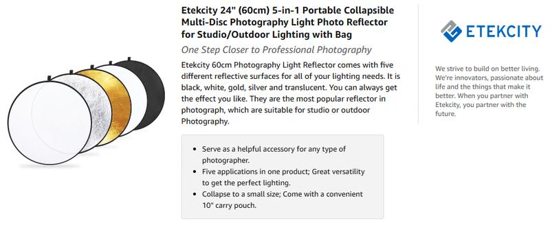 Etekcity Multi-Disc Photography Light Reflector, Collapsible with Bag - Translucent, Silver, Gold, White, Black for Camera/Smartphone