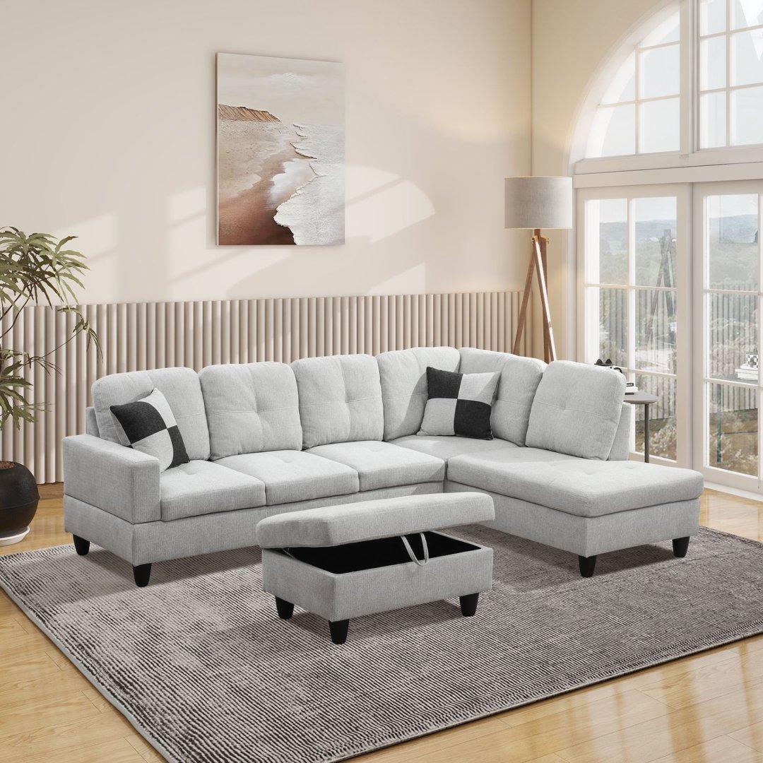 Light Grey Flannel 3-Piece Couch Living Room Sofa Set