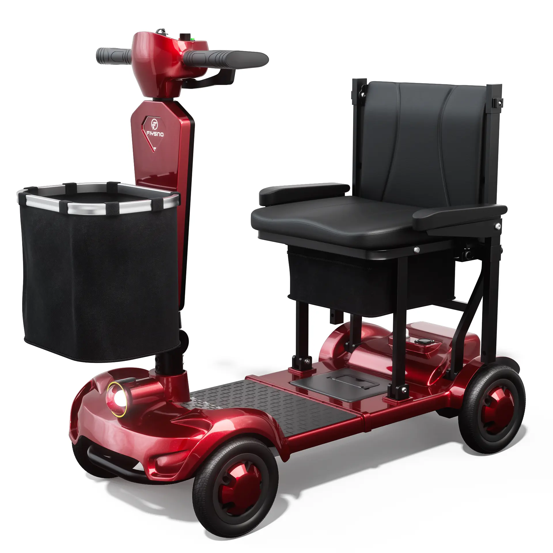 FLYSNO Unisex Foldable 4-Wheel Compact Electric Mobility Scooter - 250W Motor, 15.5/35 mi Range, Detachable Storage Basket, Front & Rear Lights, UL 2272 Certified, 1-Year Warranty, Single/Dual Detachable Batteries for Seniors, Classic Red, Faux Leather