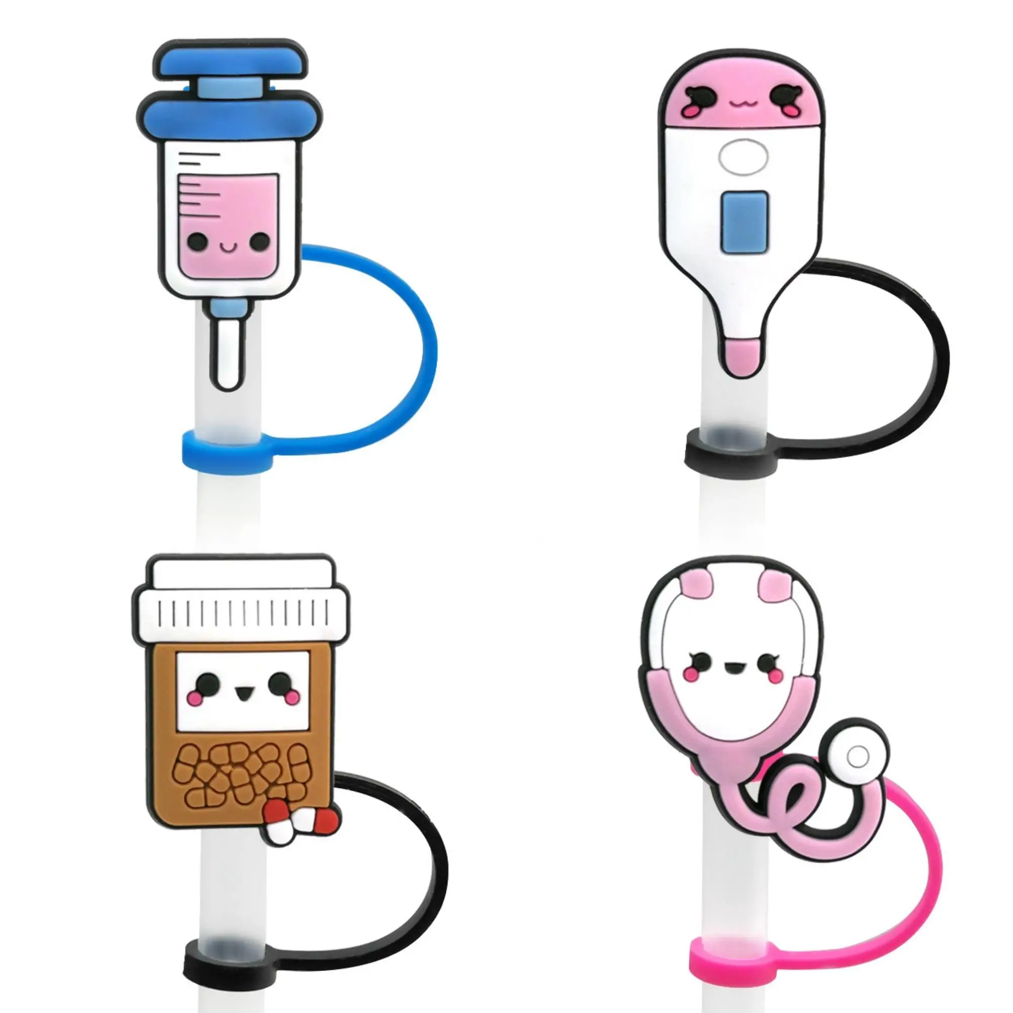 Cute Nursing Series Silicone Straw Cover, 4pcs Reusable Dustproof Straw Tip Cap For Home Office, Cup Accessories