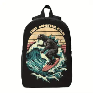Men'S Backpack for School - Large Capacity, Ergonomic Design with Shark Surfing Graphic, Black, Perfect for Daily Commute & School, School Backpack