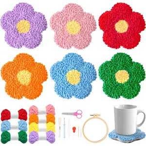 Flower Punch  Coaster Kit - 22 count Crafts Punch  Coasters Kits for Beginners, Flower Patterns Tufted Rug Pads with Adhesive Felt Yarns Embroidery Hoop Instruction