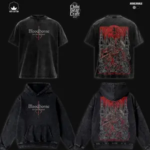 Bloodborne T-Shirt The Hunter Yharnam Gothic Cathedral Vintage Washed Oversized Hoodie Soulsborne Gaming Graphic Tee Faded Dark Red Fantasy Streetwear Y2K Merch Gift For Game Fan Clothes