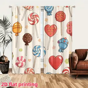 2D Flat 2Pcs Cartoon Lollipop Printed Window Curtain Panels, Sweet Candy Themed Decor, Rod Pocket Semi-Sheer Drapes, for Living Room Bedroom Kitchen Dining Home, Anti Privacy.