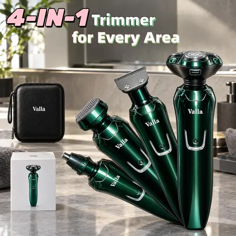 Valla 4-in-1 Rechargeable Electric Shaver for Men - USB-C Charge, US Plug, Stainless Steel Floating Triple Blades, IPX7 Waterproof, Wet&Dry Use, Smooth Shave, Lithium Ion Cells, Metallic Build, Button, Face/Body/Hair Grooming, Gift Box&Bag, Mens Gifts