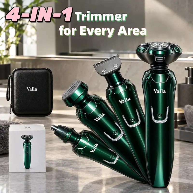 Valla 4-in-1 Rechargeable Electric Shaver for Men - USB-C Charge, US Plug, Stainless Steel Floating Triple Blades, IPX7 Waterproof, Wet&Dry Use, Smooth Shave, Lithium Ion Cells, Metallic Build, Button, Face/Body/Hair Grooming, Gift Box&Bag, Mens Gifts