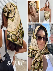 Vintage French Story Print Square Scarf - Classic Beige Satin Bandana for Women, Versatile Hair Wrap/Neck Scarf/Bag Accessory, Perfect for Literary Events & Spring Festival Fashion