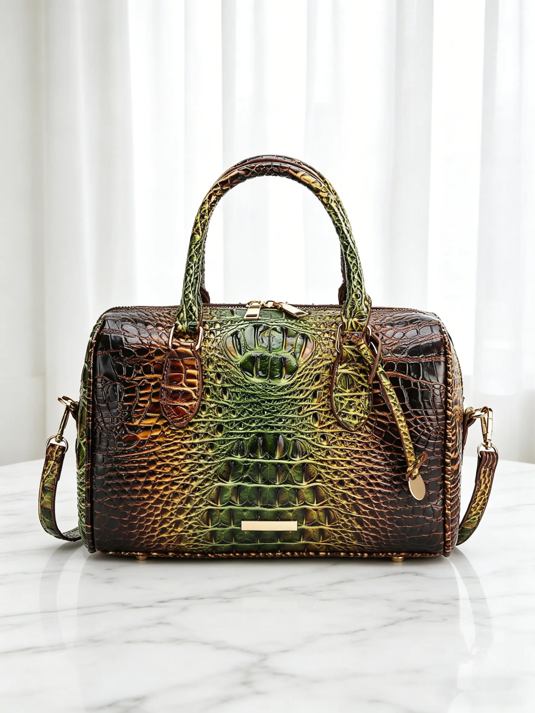 Retro Boston Bag for Women, Elegant Embossed Crocodile Pattern Satchel with Top Handle, Faux Leather Crossbody for Business & Daily Use