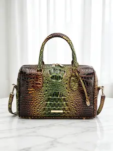 Gradient Green-Brown Crocodile Pattern Boston Bag, Detachable Crossbody & Shoulder Satchel, Retro Handbag for Women Daily & Work