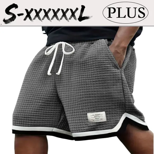 Plus-Size Men’s Waffle Knit Loose-Fitted Shorts - Neutral-Colored Plain Gray, Adjustable Elastic Drawstring Waist, Comfy Stretchy Breathable Soft Fabric, Summer Casual Menswear, Larger Men’s Versatile Bottoms, Loose-Fitted Men's Shorts, Adjustable Men's S