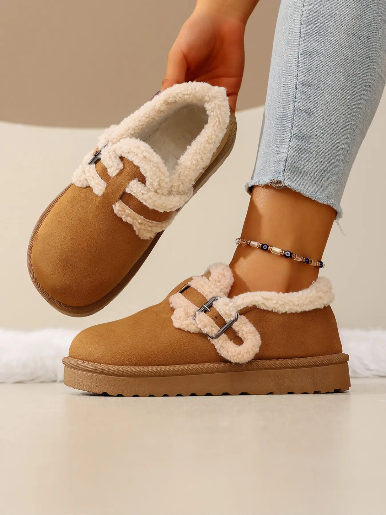 Women's Winter Fashion Buckle Snow Boots, Warm Fleece Lined Ankle Booties, Comfortable Flat Korean Style Outdoor Shoes, Casual Shoes