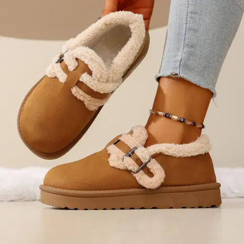 Women's Winter Fashion Buckle Snow Boots, Warm Fleece Lined Ankle Booties, Comfortable Flat Korean Style Outdoor Shoes, Insulated Winter Footwear