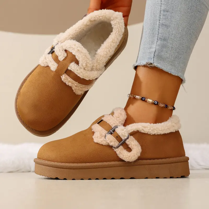 Women's Winter Fashion Buckle Snow Boots, Warm Fleece Lined Ankle Booties, Comfortable Flat Korean Style Outdoor Shoes, Insulated Winter Footwear
