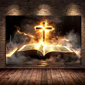 High-Res Bible and Glowing Cross Wooden Frame Wall Art - Modern Home Decor with Cross Design, Religious Ornaments for Living Room, Bedroom, High-Res Print, Christ Cross Print