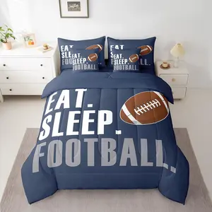 Rugby Comforter Set,7 Piece Football Sports Bedding Comforter Set,Women Men Blue Eat Sleep Football Bedding Set,Ball Games Bed in a Bag