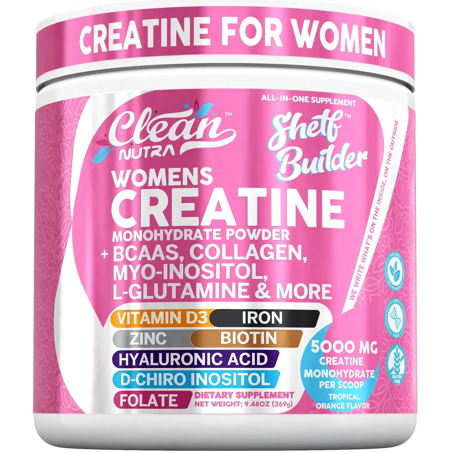 Clean Nutra Women's Creatine Monohydrate Powder with BCAAs Collagen Myo-Inositol L-Glutamine & More 5000mg per Scoop Orange Flavor - Antioxidant Suppl
