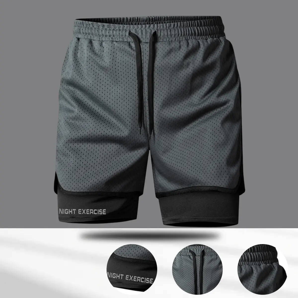 Men'S Double-Layer Quick-Dry Athletic Shorts  -  Print design, Drawstring Waistband, Available in Black, White,Dark grey And Navy,Perfect for Summer Sports And Outdoor Activities. Casual Athletic Shorts | Trendy Athletic Wear | Knit Fabric