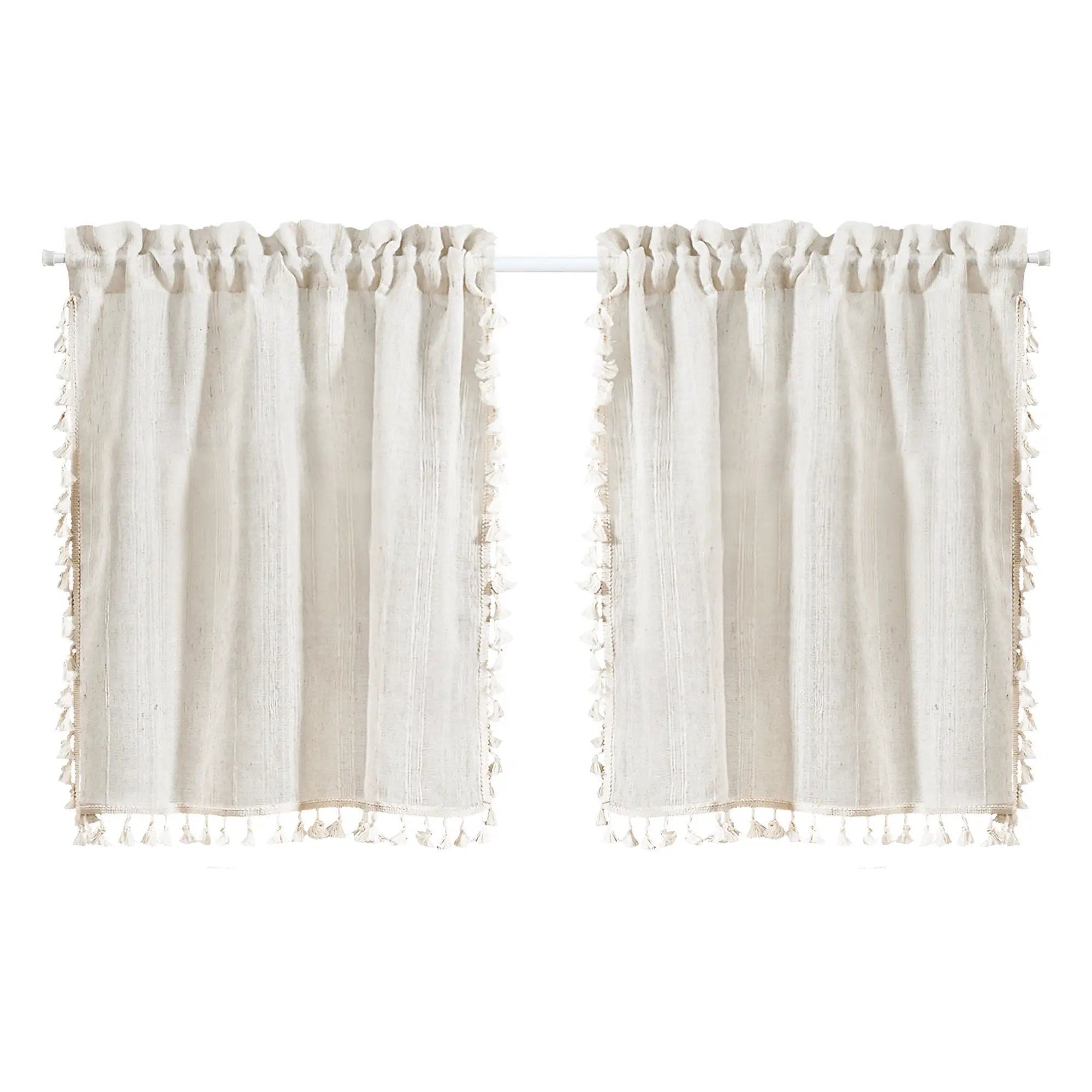 Deconovo Vertical Stripe Linen Look Cafe Curtains with Ruffled Trim, Light Filtering Tier Curtains for Kitchen and Small Windows