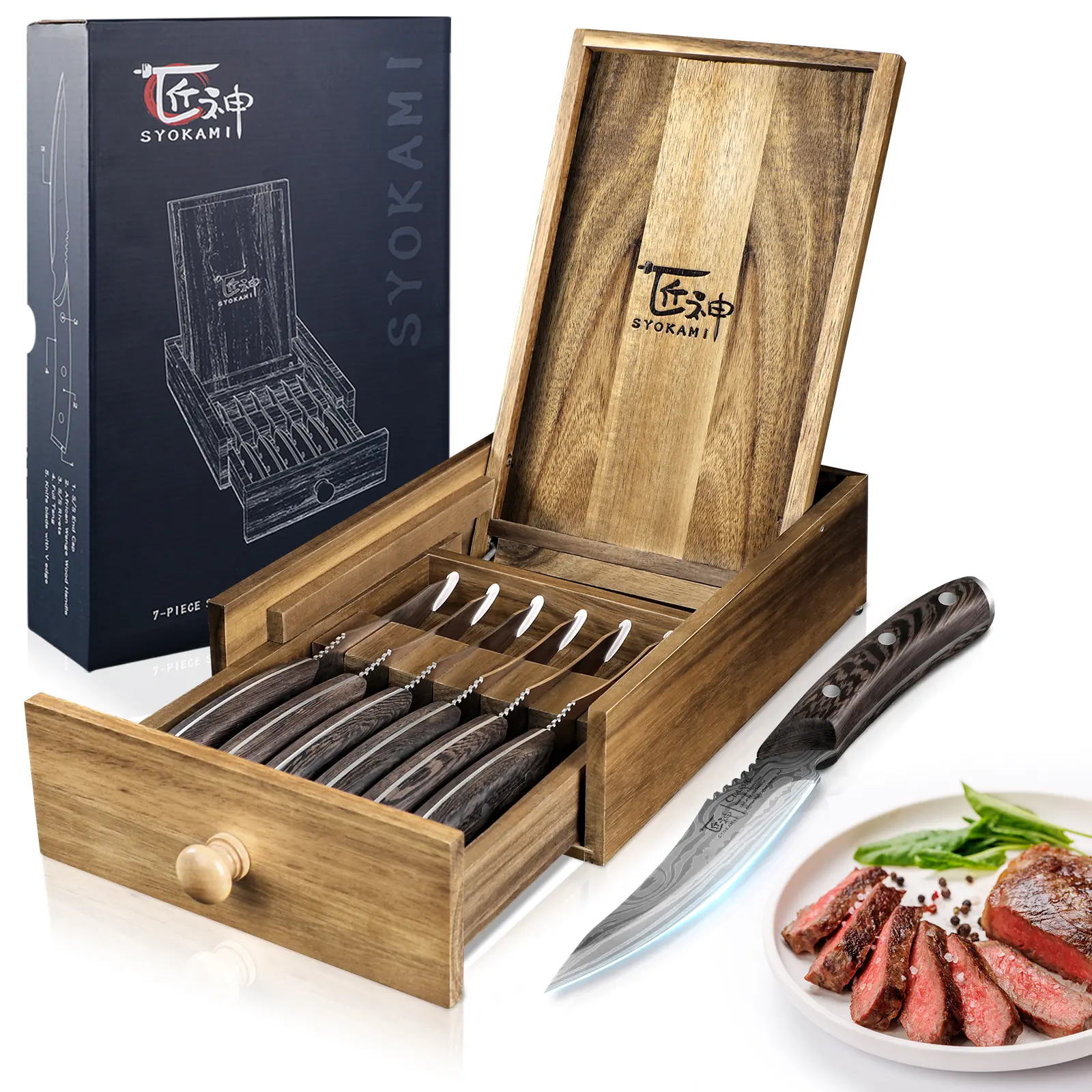 【DealsForYouDays】 SYOKAMI 4.8 Inch Steak Knives Set of 6 with Drawer Organizer, High Carbon Japanese Style Non Serrated Meat Knife with Wood Handle, Damascus Pattern Full Tang Design, Razor-Sharp Dinner Knives, Gift for Mother's Day