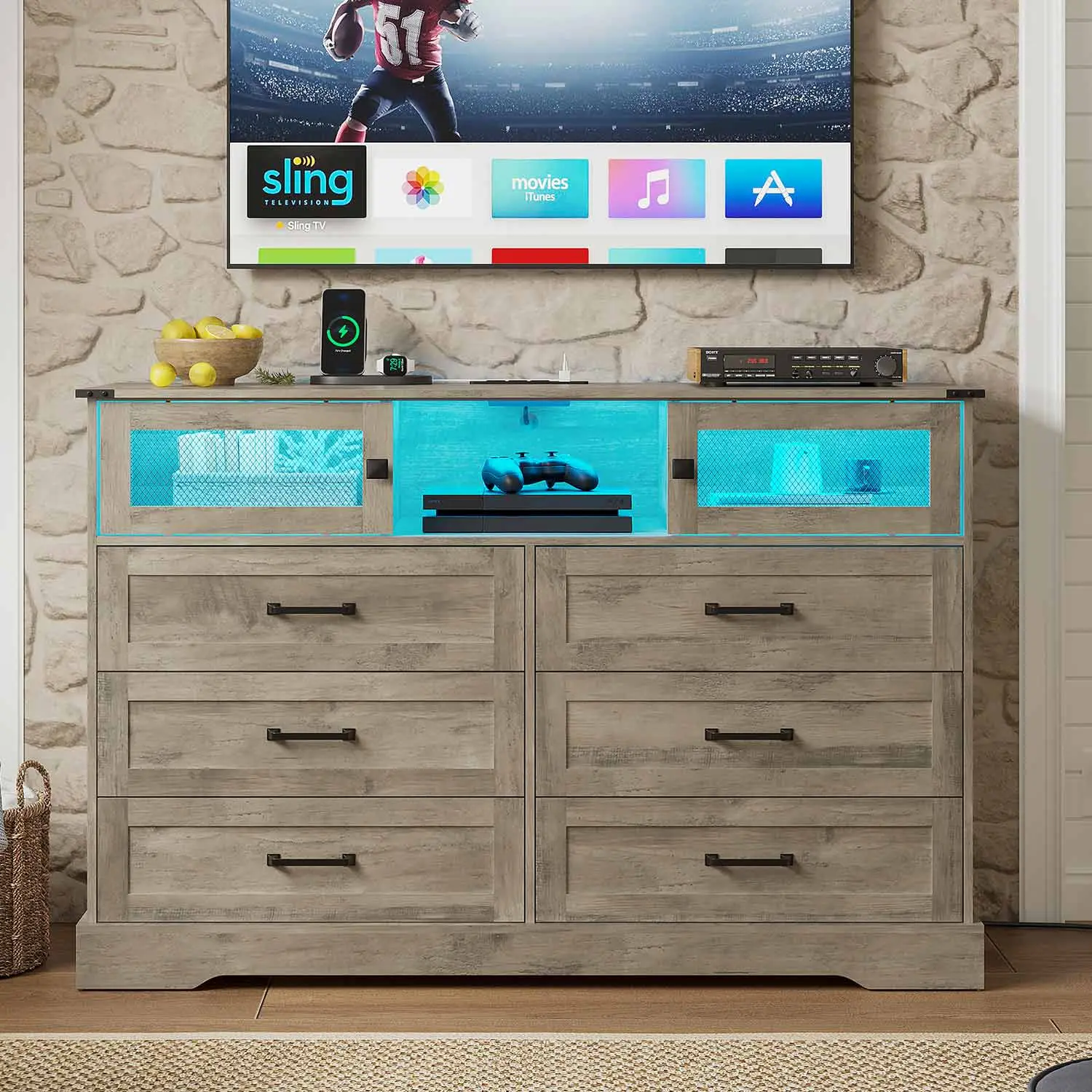 SIKAIC Floor Standing Modern Wood Dresser - 6-Drawer Chest with LED Lights, Rustic Oak Barn Doors, Bedroom Organization Storage Cabinet for Farmhouse Decor