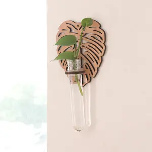 Wooden Leaf Shaped Wall Mounted Plant Propagation Station, Hanging Vase for Hydroponic Plants, Home Decor and Indoor Garden