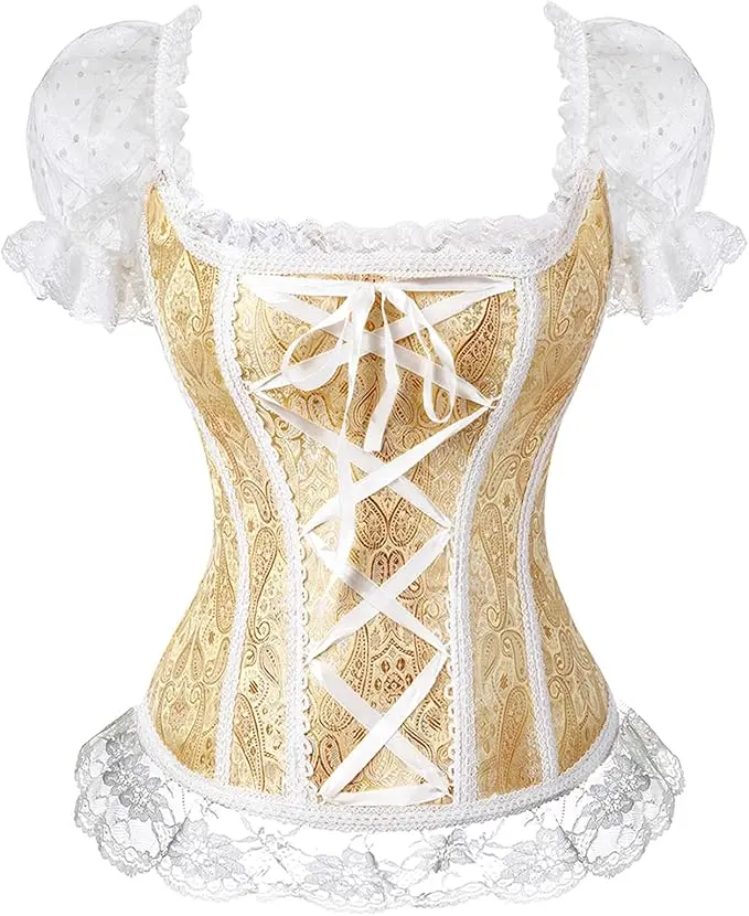 Women's Renaissance Vintage Corset Top, Overbust Bodice with Ruched Sleeves, Elegant Lace Fabric Clothes, Vintage Corset Tops, Renaissance Romance