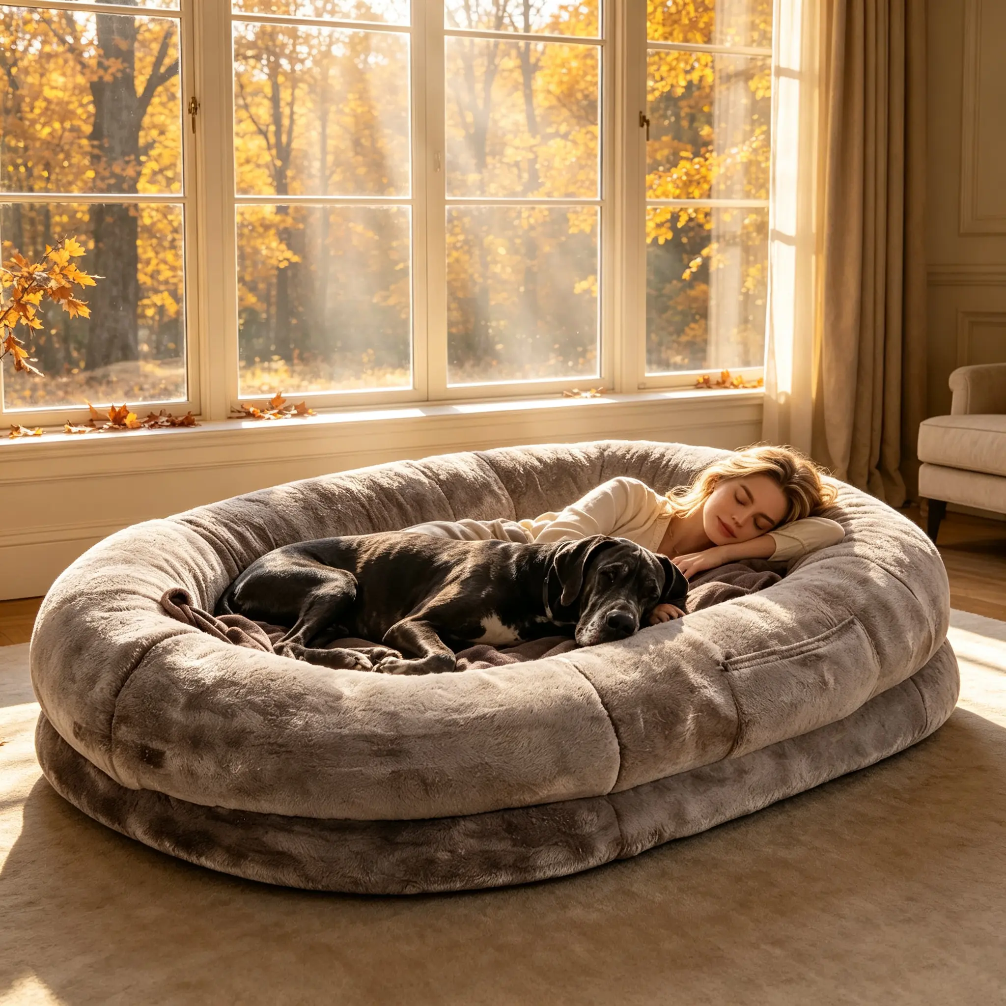 Extra Large Human & Pet Shaped Bedding Lounger - Cozy Faux Fur Orthopedic Bed with Pillow, Blanket, Washable Nap Bed for Senior/Disabled Dogs Recovery, Pet Lover Gift, Shaped Beds