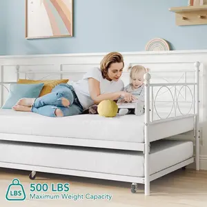 White Twin Daybed with pull-out trundle, Twin trundle bed frame with high-quality steel slats support, movable multifunctional sofa bed suitable for bedroom, living room