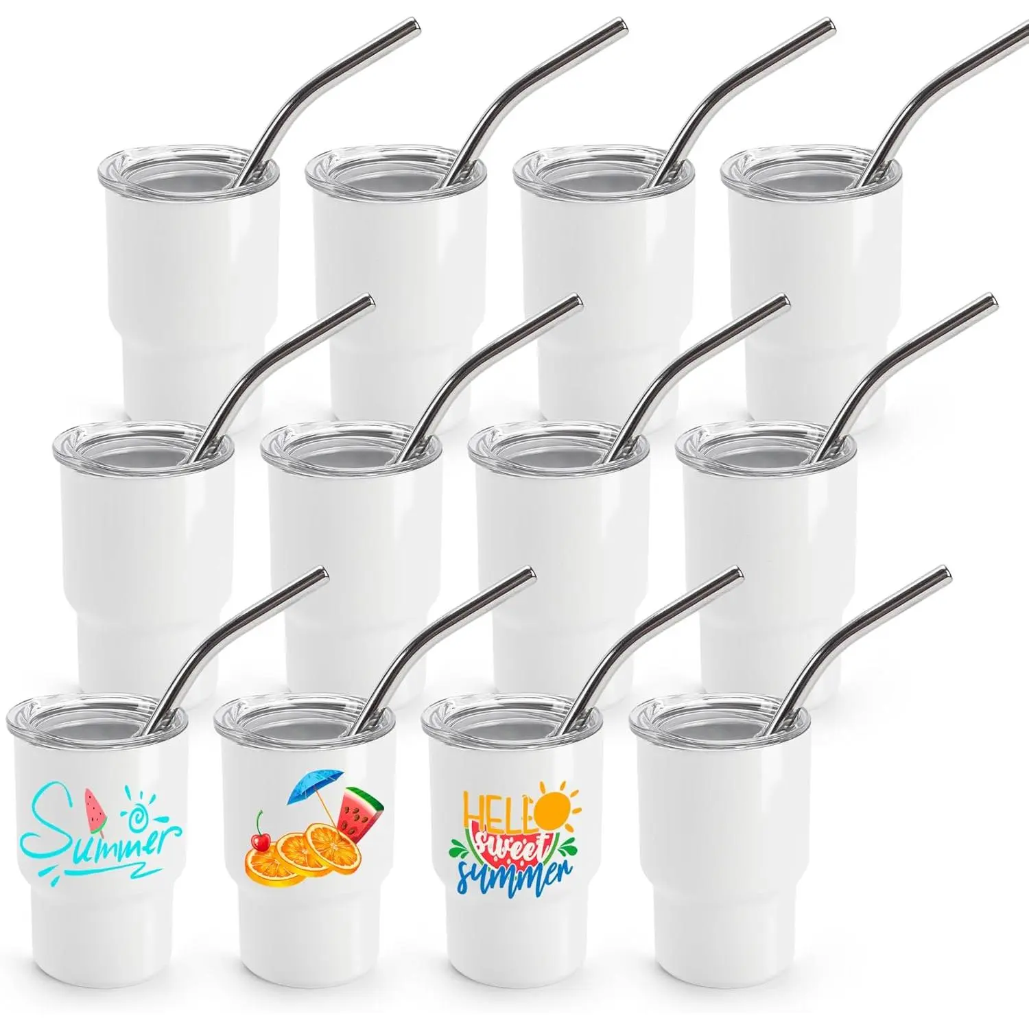 Stainless Steel 3 oz Insulated Durable Mini Tumbler Shot Glasses (12 Pack, White) - Portable Leakproof Flip Straw Lid Cup for Wedding Anniversaries, Family Gatherings, Gym Use, Sublimation Drinkware