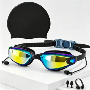 Mirrored Swim Goggles Set with Silicone Swim Cap, Earplugs & Nose Clip, HD Wide Vision Waterproof Anti-Fog UV Protection Swimming Goggles, Replaceable Nose Bridge Design, Unisex Adult Swim Gear Set
