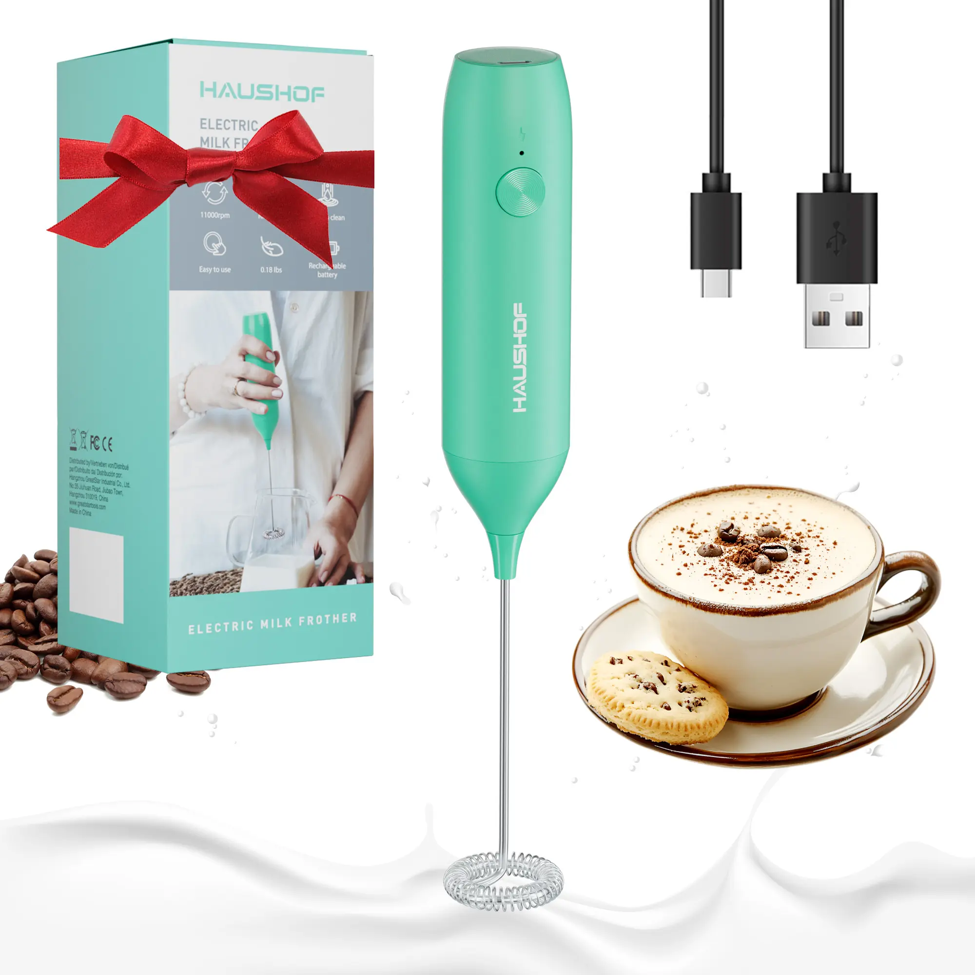 #fathersdaygift HAUSHOF Powerful Rechargeable Milk Frother Wand with Stand, Handheld Electric Foam Maker, Drink Mixer with Detachable Stainless Steel Whisk for Coffee Latte, Cappuccino, Matcha