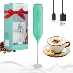 HAUSHOF Powerful Rechargeable Milk Frother Wand with Stand, Handheld Electric Foam Maker, Drink Mixer with Detachable Stainless Steel Whisk for Coffee Latte, Cappuccino, Matcha