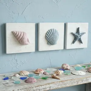 Tide and Tales 3D Beach Wall Art - Seashell with Starfish for Coastal Bathroom Decor, Ocean Inspired Decor for Bathroom, Coastal Bedroom, Living Room or Beach House, Set of 3 (6"x 6")