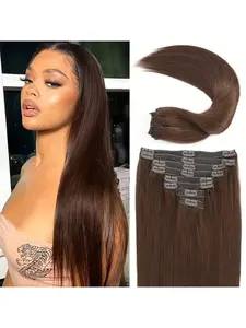8-piece set of Brazilian natural human hair clip-in extensions - Remy hair double-wefted, #4 brown high-gloss extensions, suitable for light blonde hair and various hairstyles, adding volume and length.