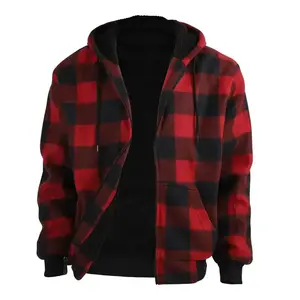 Men's Plaid Print Zip Up Drawstring Hooded Jacket, RegularFit Casual Thermal Lined Long Sleeve Pocket Outerwear forFall & Winter, Men's Clothes for Daily Wear
