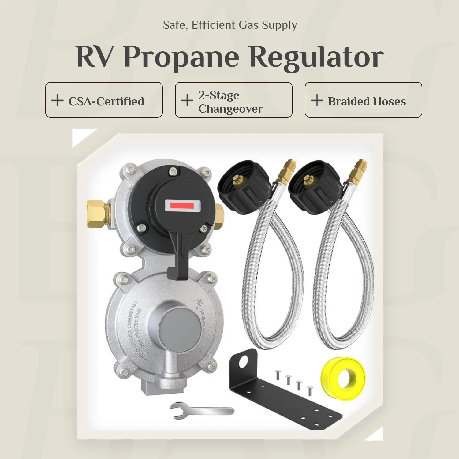 2-Stage Automatic Changeover LP Propane Gas Regulator, CSA-Certified, with 2x 18" RV Pigtail Braided Hoses, QCC1 1/4" Inverted Male Flare for RV Camper Trailer