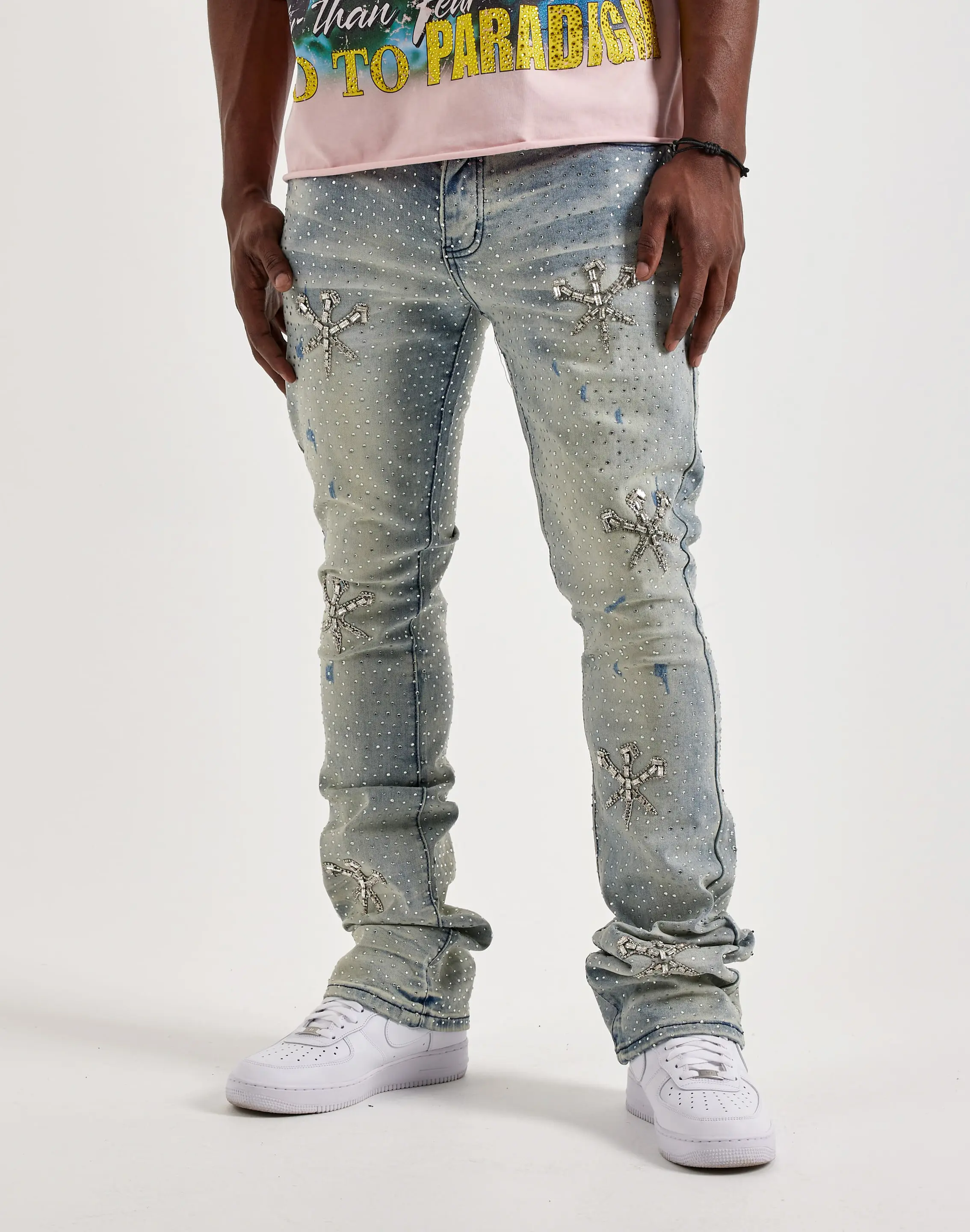 Mens GFTD LA Stacked Rhinestone Denim Jeans