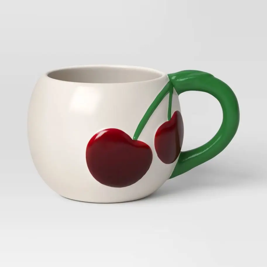 16oz Reusable Stoneware Cherries Mug - Washable, Microwave & Dishwasher Safe, White Kitchen Drinkware for Hot/Cold Beverages