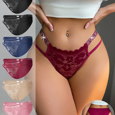 DORSU 6/8/10PCS Assorted Women'sm Lace Thongs - Sparkly Diamond-Accented & Elegant Lace G-String Panties for Allure
