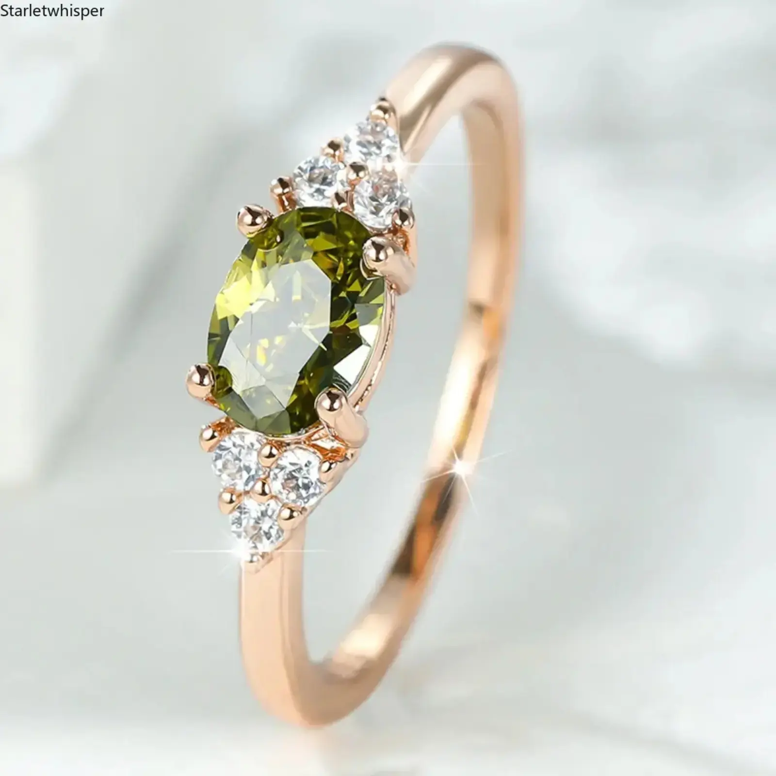 Dainty Peridot Rose Gold Ring, Four Prong Zircon Inlaid Ring, Micro Pave Minimalist Stackable Jewelry, Sparkly Elegant Finger Ring, Ideal Promise Engagement Gift in Size 6 to 10