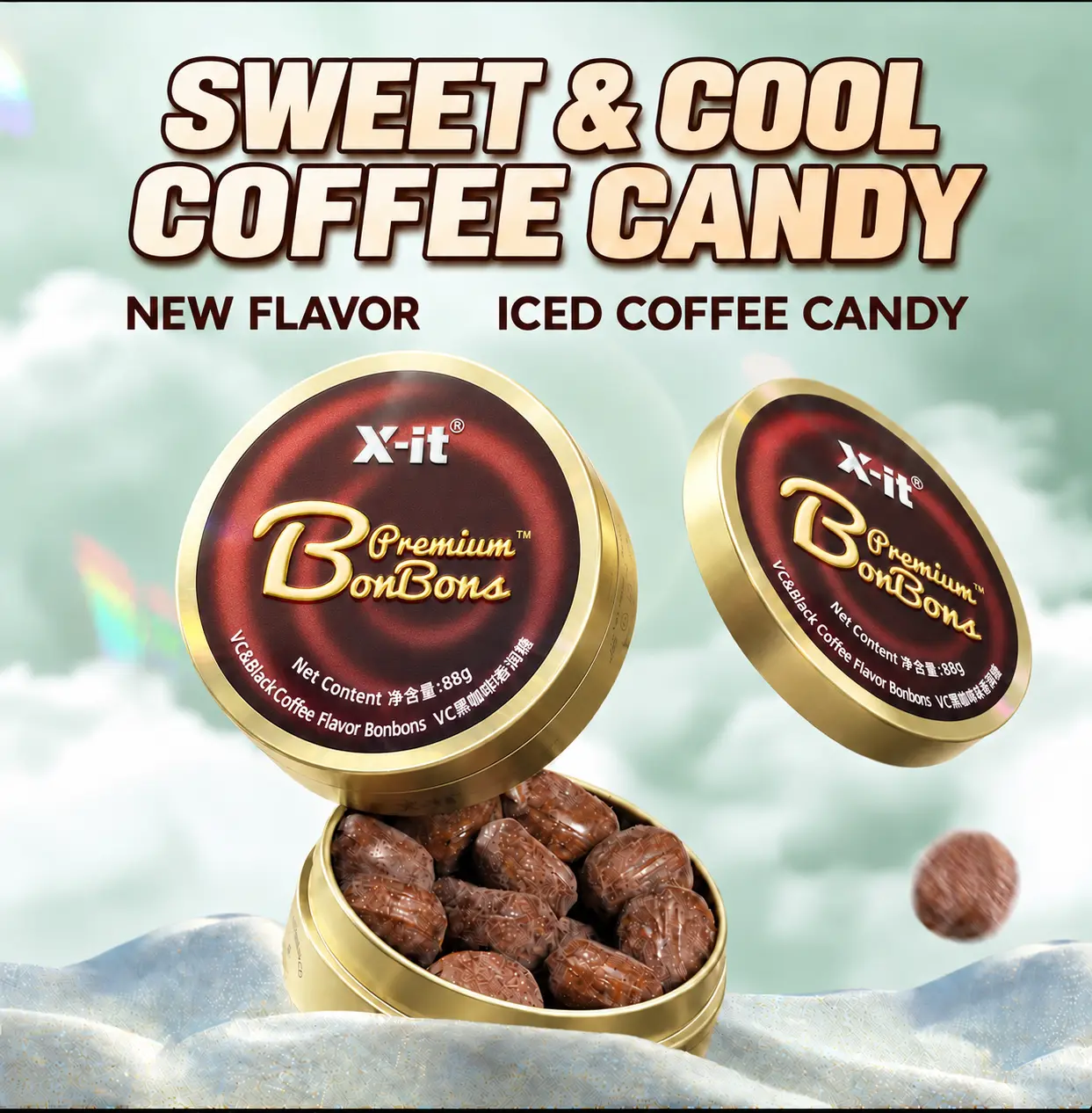 X-it Iced Coffee Flavor Pocket-Sized Snack Candy & Mint Throat Drops - 3.1oz Sealed Portable Metal Tin, Herbal Extracts, Combats Drowsiness, Long-Lasting Freshness, No Excess Fillers, Snacks for Adults for Business Commute