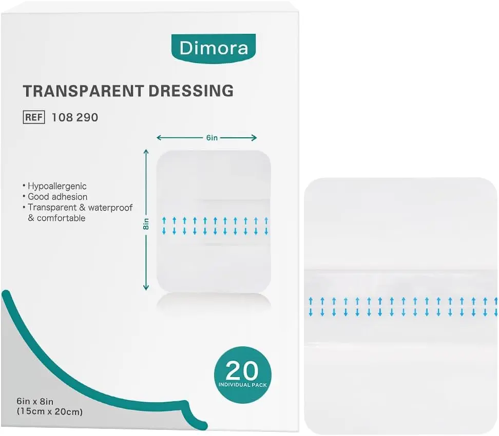 Dimora Medical Grade Tattoo Aftercare Second Skin Bandage, 6x8 Inch 20Pcs Hypoallergenic Waterproof Transparent Film Dressing for Post-Surgical Wounds, Swimming, Shower IV Shield