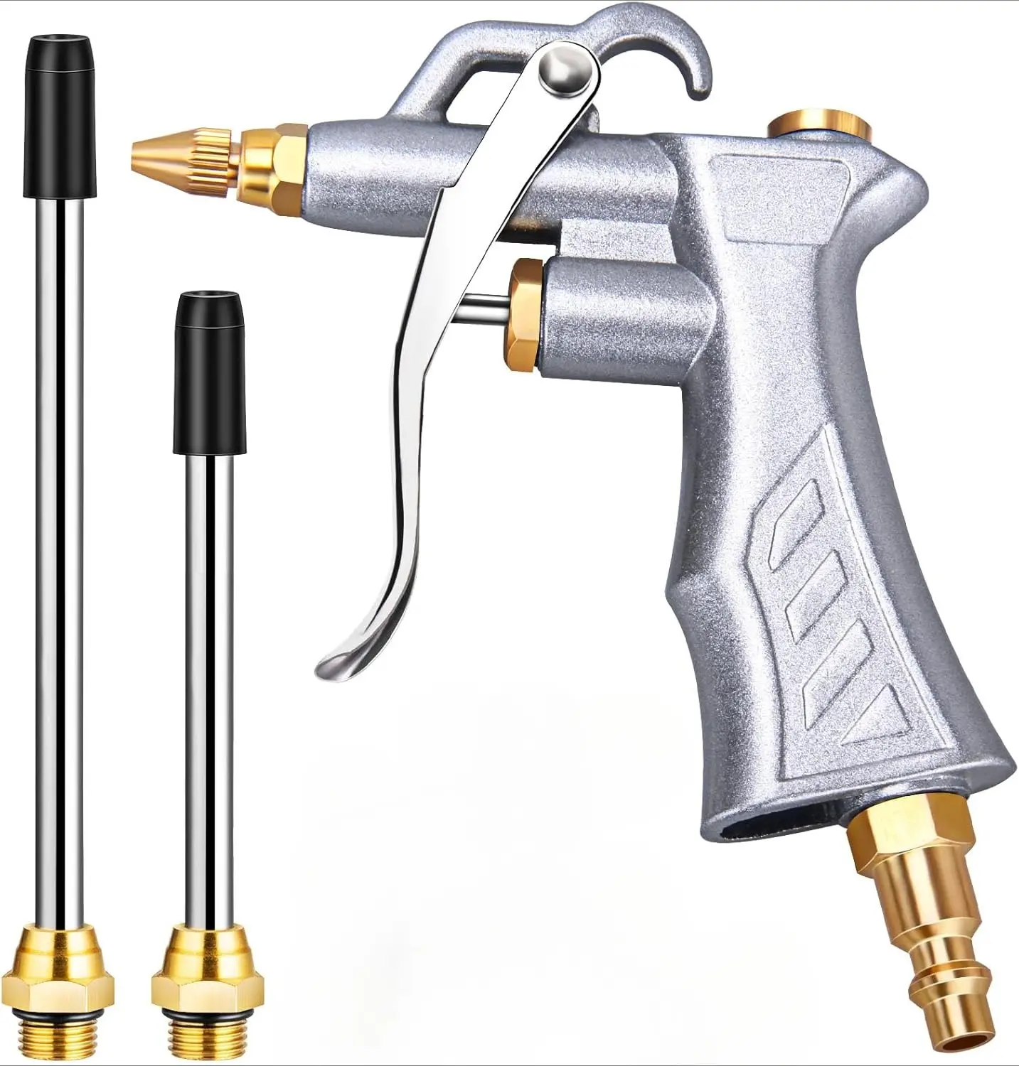 Industrial Air Blow Gun with Brass Adjustable Air Flow Nozzle and 2 Steel Extension, Pneumatic Air Compressor Accessory Tool Dust Cleaning and Blower Gun