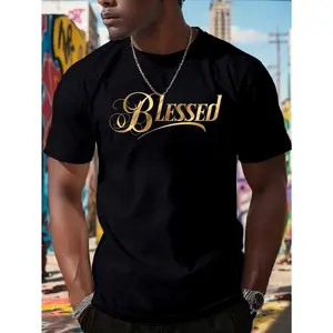 [Golden T-Shirt] Lightweight Men's "BLESSED" Golden Font Casual T-Shirt | Short Sleeve, Blend, Black with Stylish Letter Print, Breathable for Casual Attire, Casual Wear | Relaxed Fit Tee | Vibrant Print Quality