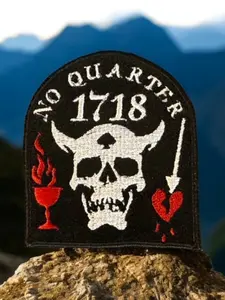 No Quarter 1718 Patch - Gothic Skull Design - Embroidered Patch for Bags Coats Jackets Jeans Pants - Made in USA - 3.06 x 2.71"